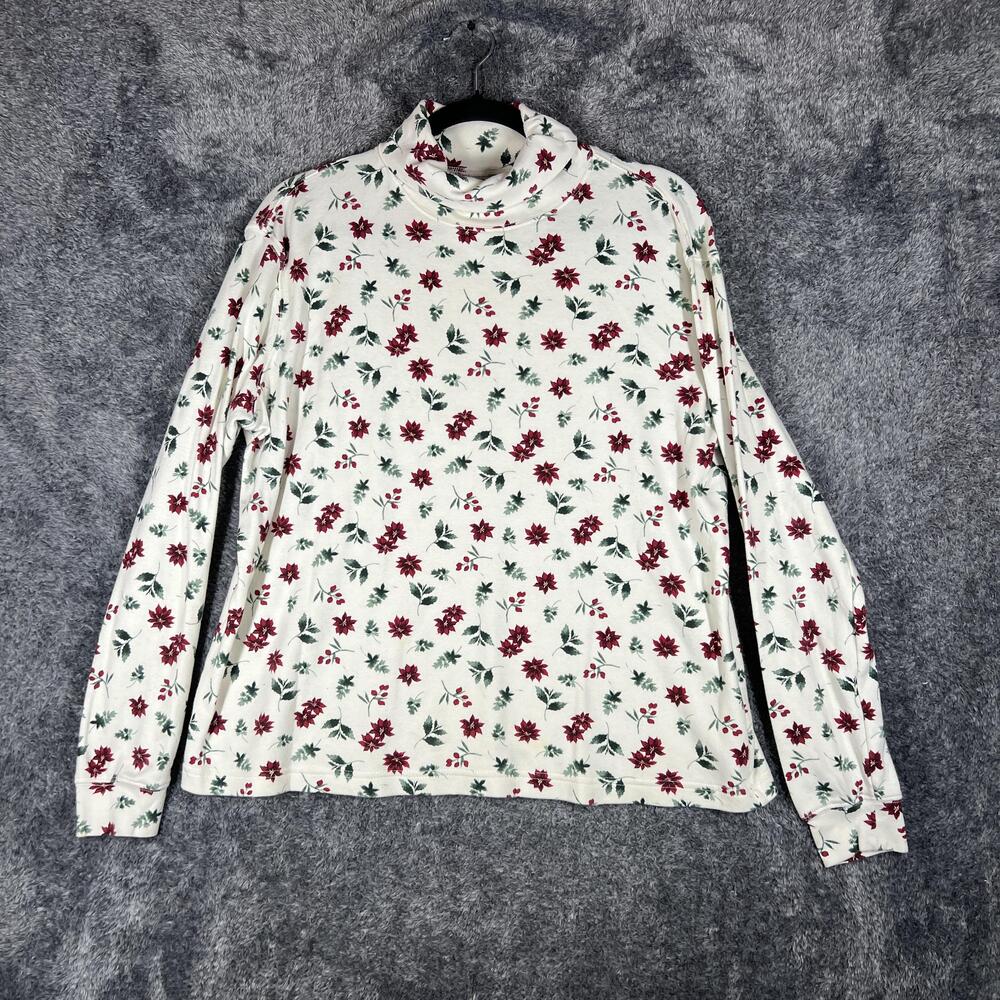 Classic Elements Shirt Womens XL White Floral Turtleneck 100% Cotton Fiji